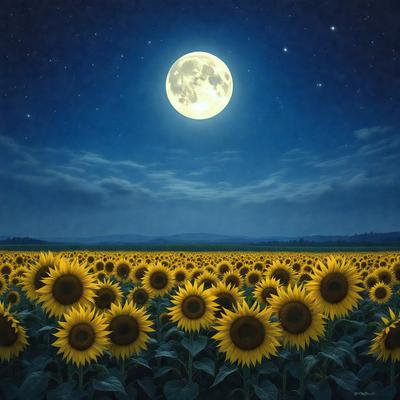 The primary subject of the image is a field of sunflowers, with a large moon in the background. The setting is a nighttime field with a clear sky, and the visual style is a painting. The colors and mood of the image are predominantly yellow and serene, as the sunflowers and moon create a peaceful and tranquil atmosphere.
